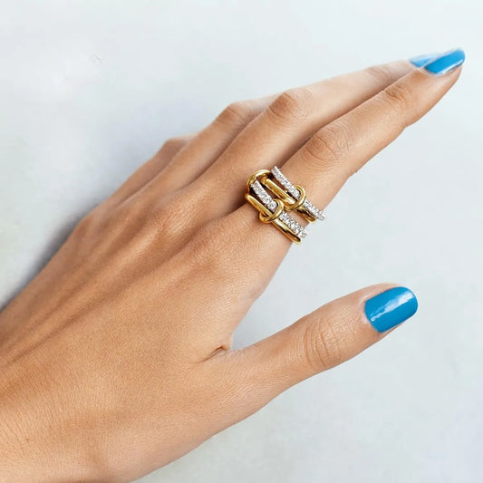 A Niche Two-Color Four-Ring Copper Jewelry Ring, Hypoallergenic, Ins Style, Stacking Artifact, Suitable For Young Women