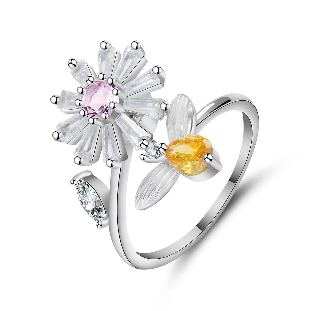 SMJEL Fidget Spinner Ring Anxiety for Women Multiple Crystal Flower Eye Butterfly Animal Ring Rotate Anti Stress Wedding Jewerly